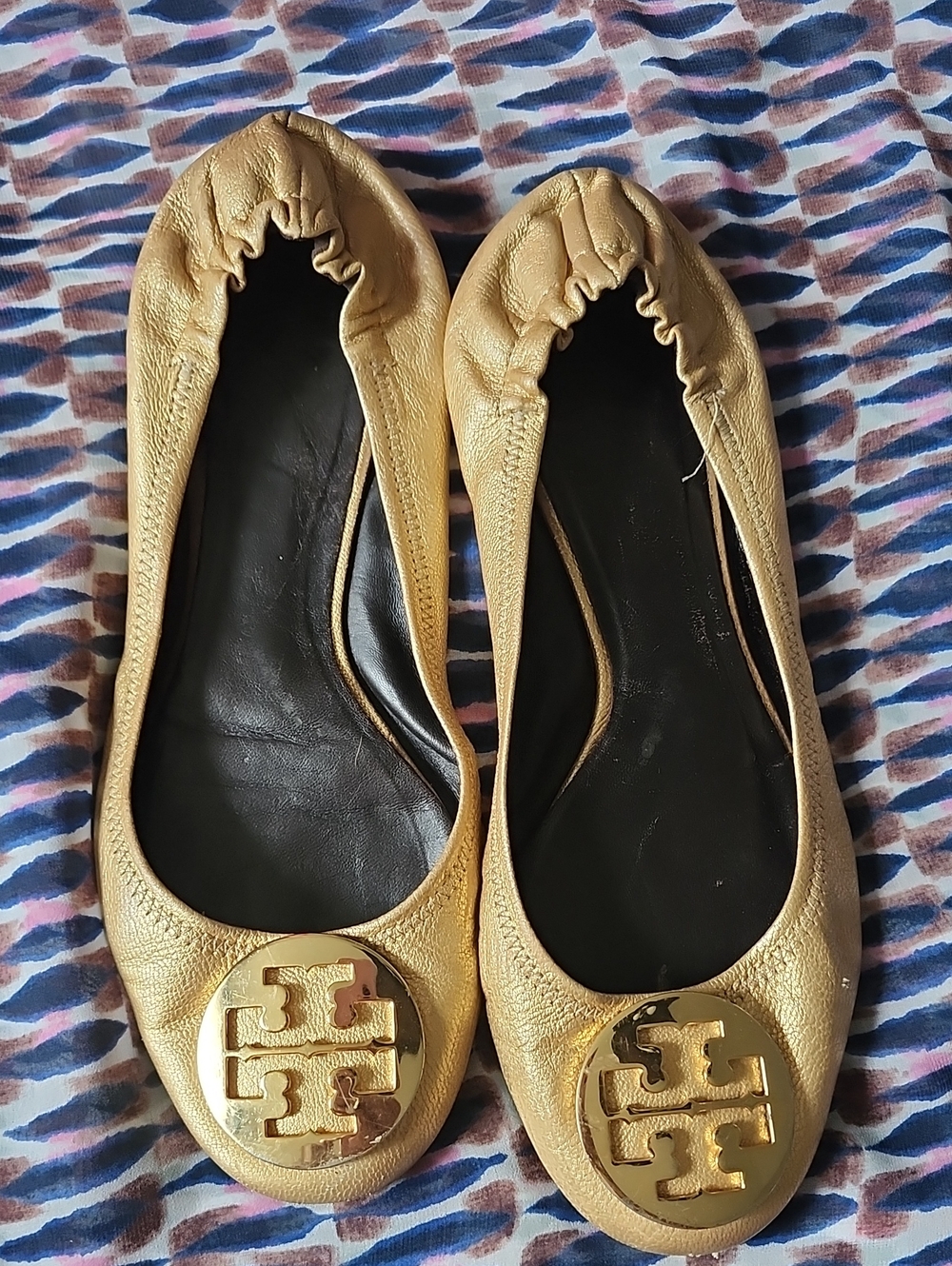 Tory Burch Gold Leather Ballet Flats with Logo Medallion